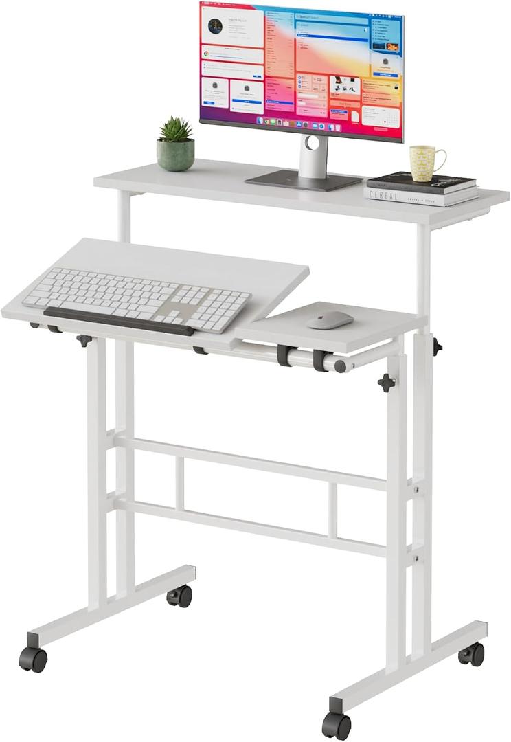 VECELO Mobile Small Standing Desk Adjustable Height, Computer Workstations with Tiltable Tabletop, Lockable Wheels, Portable Rolling Laptop Desk for Home Office, White, 3 Panel