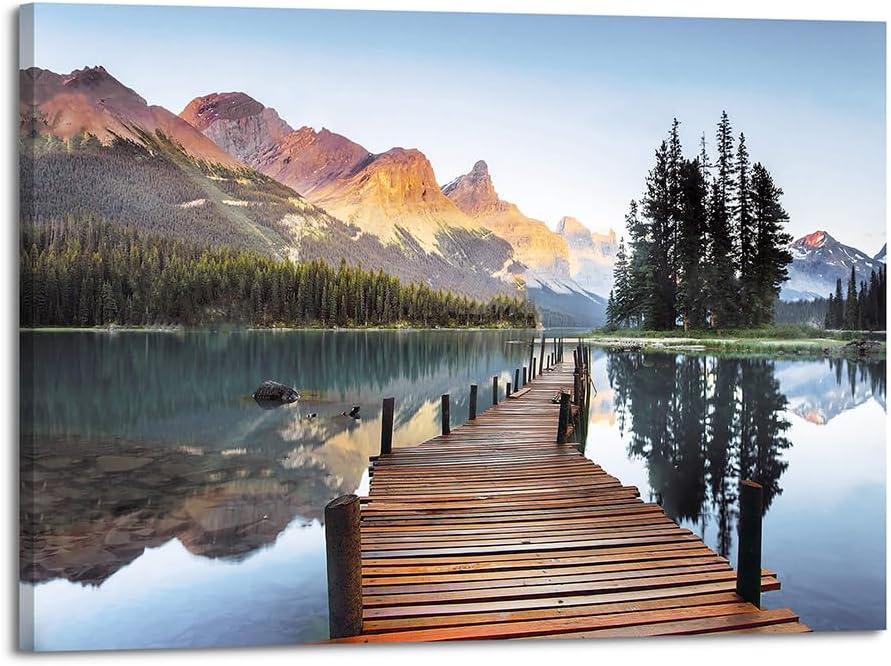 Lake Boardwalk Canvas Wall Art: Nature Mountain Sunset Scenic Artwork Woodland Water Print Picture for Bedroom, 24"L x 16"W
