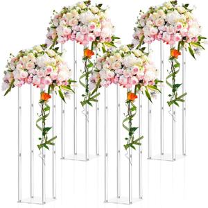 Geetery 4 Pieces Tall Acrylic Vase Wedding Centerpieces Clear Flower Stand Column Geometric Floral Vase Elegant Display Holder for Birthday Party Wedding Table Decorations (35 Inch)