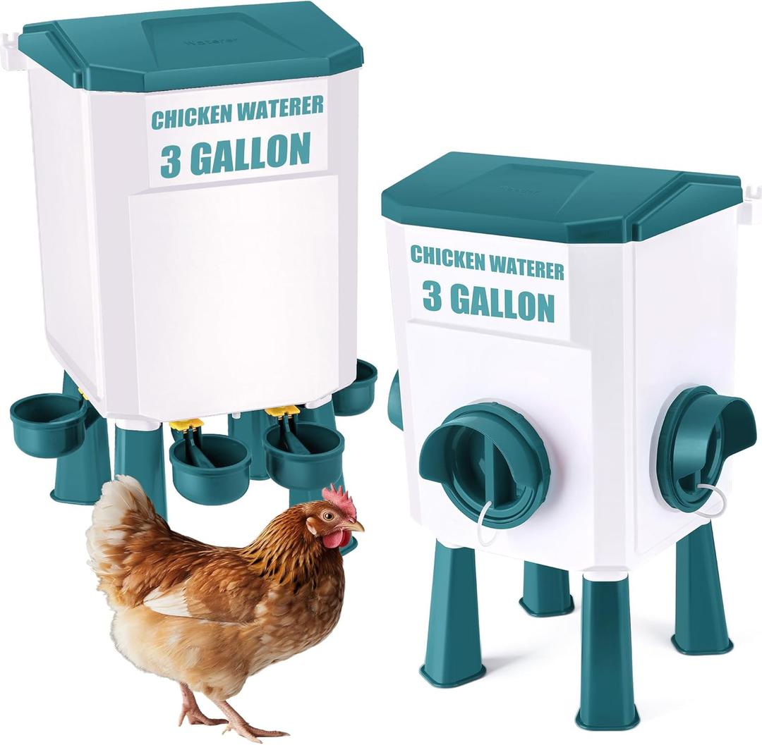 Chicken Feeder and Chicken Waterer Set, Automatic Chicken Feeder Hanging Poultry Waterer 3 Gallon with Water Cup and Feeding Ports, Chicken Coop Accessories (Blue)