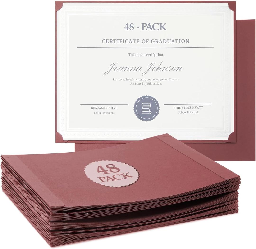 Single Sided Award Certificate Holders 48-Pack  Red Burgundy Paper Certificate Covers for Diplomas, Appreciation Certificates, and Achievements  Professional Award Folders, Letter Size 8.5x11