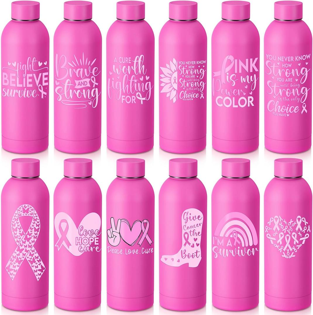 LemonRoad 12 Pcs Breast Cancer Awareness Water Bottles 17oz Stainless Steel Pink Ribbon Tumbler Cup Bulk Gifts for Women Survivors Events(Classic Style)