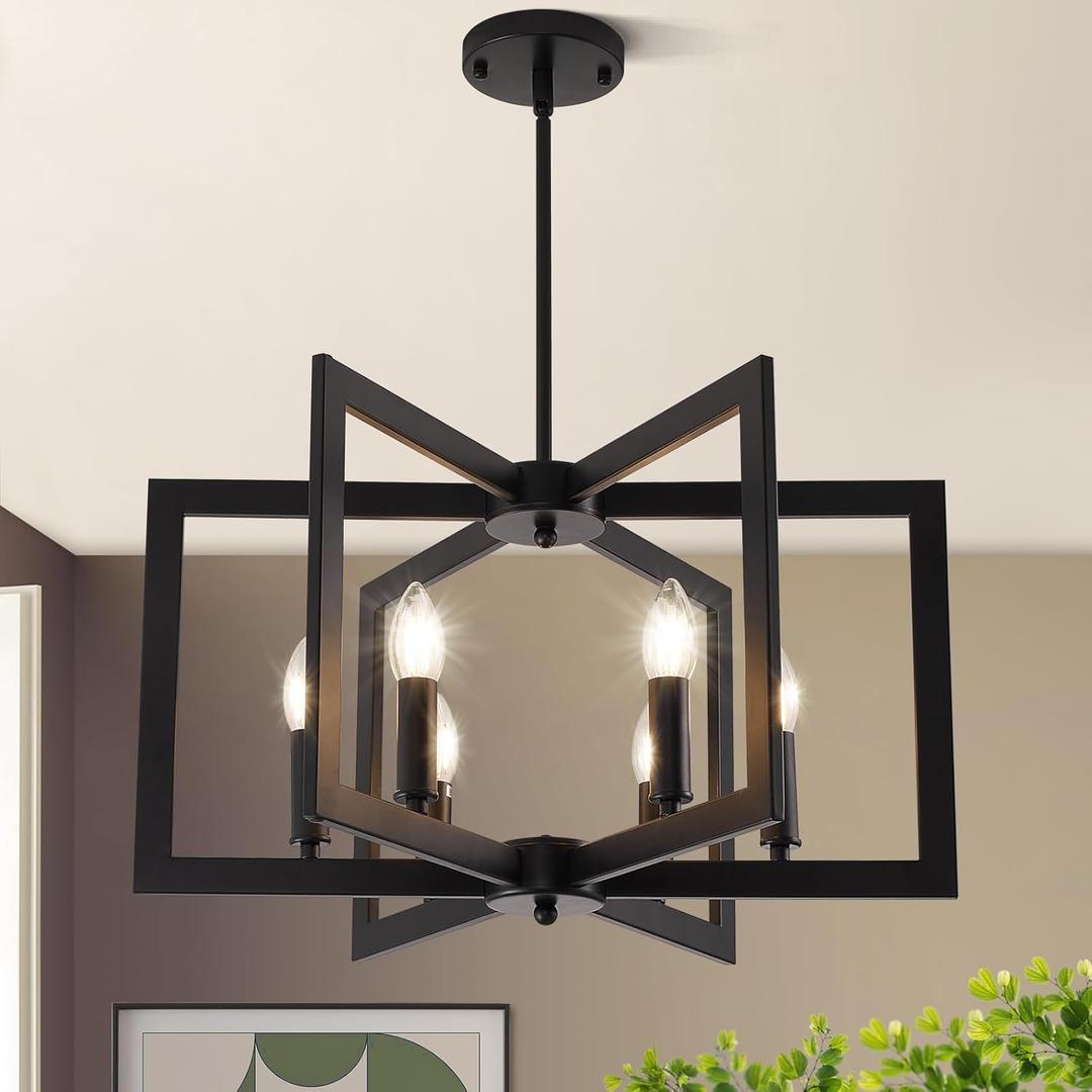21.6" Black Chandelier for Dining Room, 6-Light Geometric Farmhouse Dining Room Fixture, Modern Foyer Lighting Fixtures, Industrial Hanging Pendant Lights for Kitchen Island, Living Room, Entryway (Matte Black-21.6"(No assembly required))
