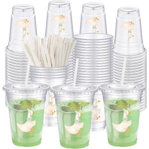 50 Pcs One Silly Goose Birthday Party Disposable Plastic Cups with Lids Straws 16 oz Cute Goose Decorations for Birthday Baby Showers Decorations Party Supplies (Green)