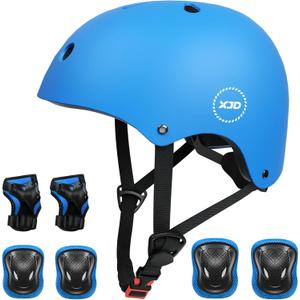 XJD Kids Bike Helmet,Multi-Sport Protective Gear Set for 3-5-8-14 Years Boys Girls with Knee and Elbow Pads Wrist Guards fit Roller Skates,Cycling,Skateboarding,Christmas Birthday Gifts for Kids (Medium, Blue)