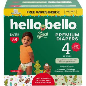 Hello Bello Dr. Seuss Baby Grinch Premium Diapers, Size 4 (22-37 lbs), 58ct Plus Bonus Wipes: Softness & Protection for Sensitive Skin