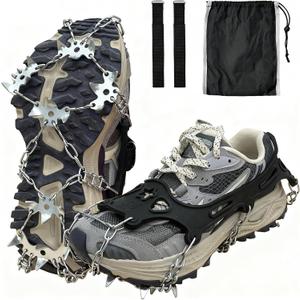 Ice Cleats for Shoes and Boots, 19 Stainless Steel Spikes Crampons, Anti-Slip Snow Shoes Microspikes for Hiking, Climbing Gear, Ice Fishing Gear, Boot Chains for Winter Walking (Medium, Black)