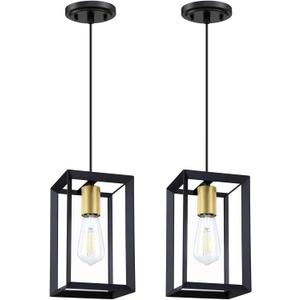 2 Pack 1 Light 5.7 Inch Hanging Gold Farmhouse Indoor Kitchen Island Black Gold Lantern Cage Finish Pendant Light for Kitchen Island Over Sink Dining Room Adjustable Length UL Certification