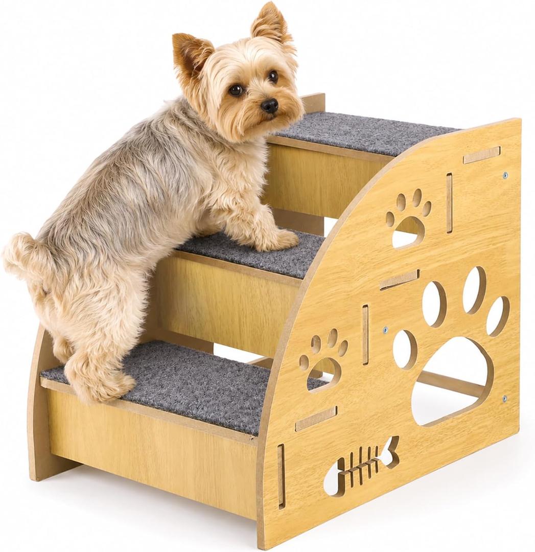 Wooden Dog Stairs, 3 Tier Stable Pet Steps with Non Slip Carpet Treads, 13.4 x 11.8 x 15.7 in Low Incline Indoor Pet Ramp for Sofa & Bed, Offering Reliable Support to Active Small Dogs and Senior Cats