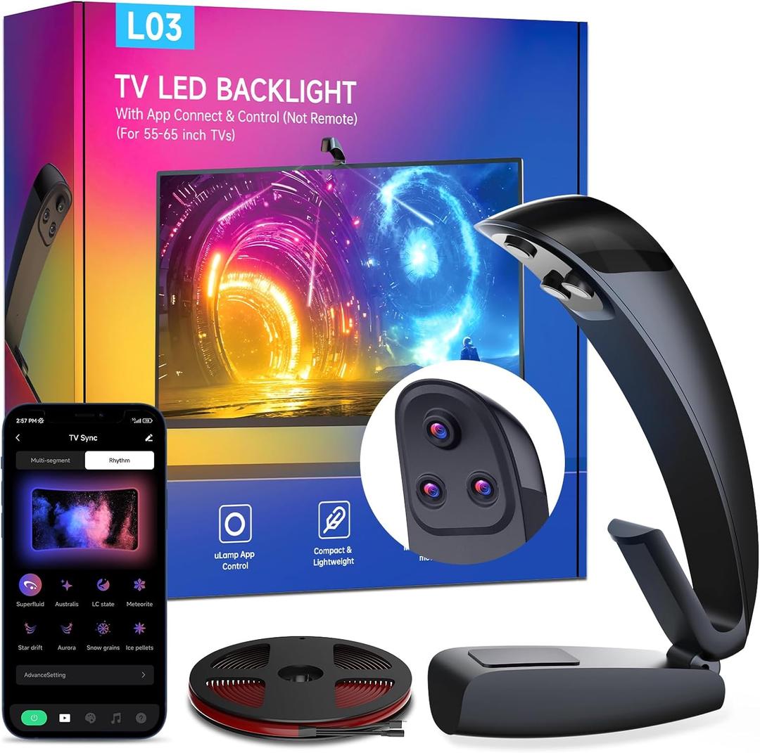 FFJ TV LED Backlight with Triple Sensor, 14.7ft RGB LED Strip Lights that Change with 55-65 Inch Screen, Smart App Control, Music Sync, for Home Decoration - Upgraded Version