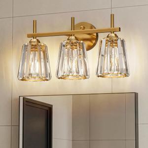 Crystal Bathroom Light Fixtures Over Mirror, Gold 3-Light Bathroom Vanity Lights Over Mirror Modern Wall Lighting Sconces with Ceramic E26 Base (Bulbs Not Include)