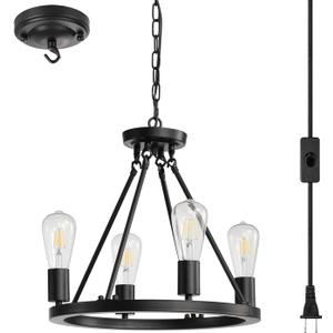 4-Light Plug in Chandelier,Wagon Wheel Style,Black Round Metal Chandelier,Hanging Light with 16.5ft Cord,On/Off Switch,Modern Industrial Look outdoor light fixture for gazebo,Bedroom,Dining Room