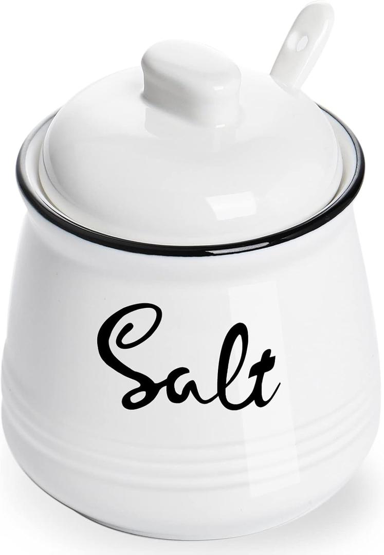 HAOTOP Farmhouse Porcelain Salt Bowl with Lid and Spoon 12oz,Easy to Clean (White)