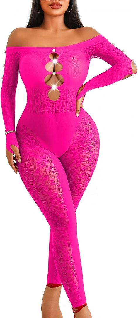 Avidlove Women Lingeries Long Sleeve Fishnet Body Stocking Leopard Sexy Outfit Rhinestone Body Suits Cut Out Jumpsuit (Rose Red) XL Plus