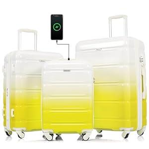 Merax 3 Piece Hardside Luggage Sets Spinner Wheels Suitcase with TSA, Lemon Yellow, 20/ 24/ 28 Inch