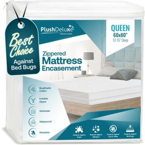 PlushDeluxe Premium 100% Waterproof Mattress Encasement, Breathable Soft Cotton Terry Surface (12"-15" Deep, Queen 60X80)