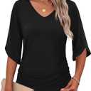 Micoson Womens 3/4 Sleeve Tops Dressy Casual Ruched Blouses Summer Tops V Neck Work Clothes, XXL