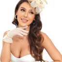 Fascinators Hat Clip Hat Wedding Cocktail Tea Party Headwear and Short Lace Bowknot Gloves for Women (Medium, Beige & Brown)