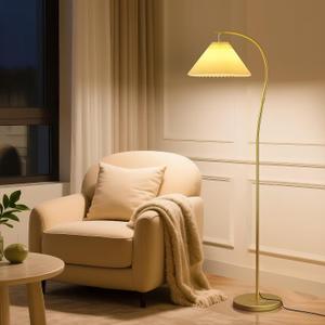 Unique Arc Floor Lamp, Bright 12W Three-Color Dimming, 14-inch Pleated Lampshade, Brass Gold Light Pole, Living Room Corner Bedroom Bedside Office Standing Reading Lamp, Modern Home Decor Tall Light
