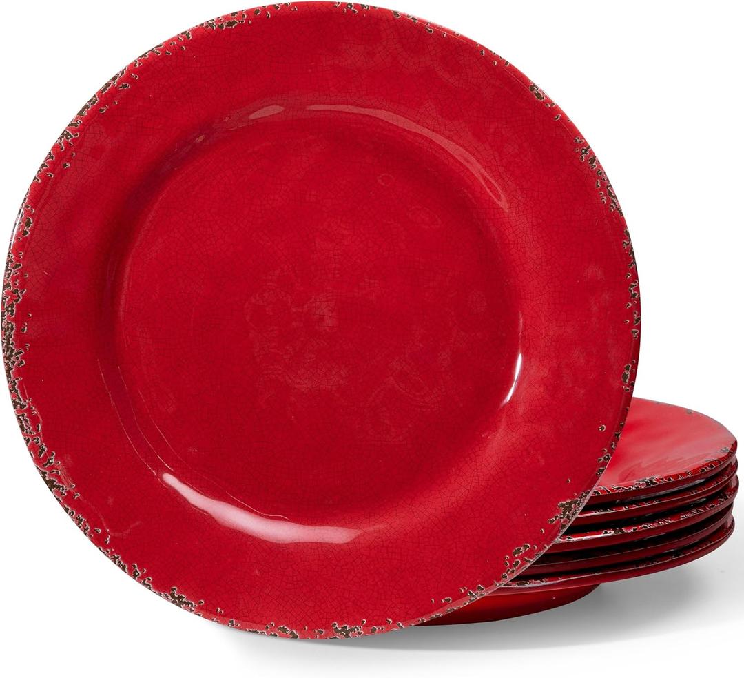 ZAROCRUS Farmhouse Melamine Dinner Plate set, 11 inch Unbreakable Serving Plates, Set of 6, Lightweight Dinnerware Plate, Large Dessert or Salad Plate Set, Chip Resistant Camping Dishes, Red