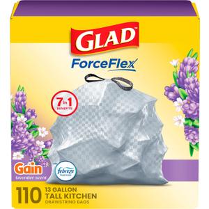 Glad ForceFlex Tall Kitchen Trash Bags, 13 Gal, Gain Lavender with Febreze, 110 Ct 