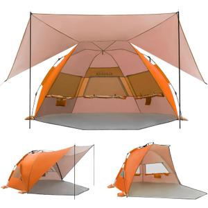 Elegear Beach Tent with 360 Removable Canopy 4-6 Person Automated Pop Up | CumbreX Beach Cabana Sun Shade Shelter, UPF 50+, Double Silver Coating, Portable Lightweight, For Beach/Outdoor, Orange