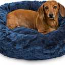 Best Friends by Sheri Original Calming Donut Dog and Cat Bed, Lux Faux Fur, Navy Blue, (23in x 23in) - Anxiety Relief for Pets Up to 25 lbs (Small)