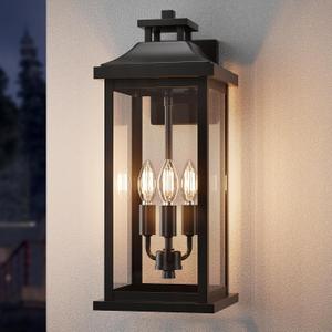 VenzBlomia Large Outdoor Light 3-Light 20" Black Exterior Lighting Fixture, Modern Outside Wall Mounted Porch Sconce, Waterproof Patio Garage Garden Carriage Lantern Lamp for House E12, 1-Pack