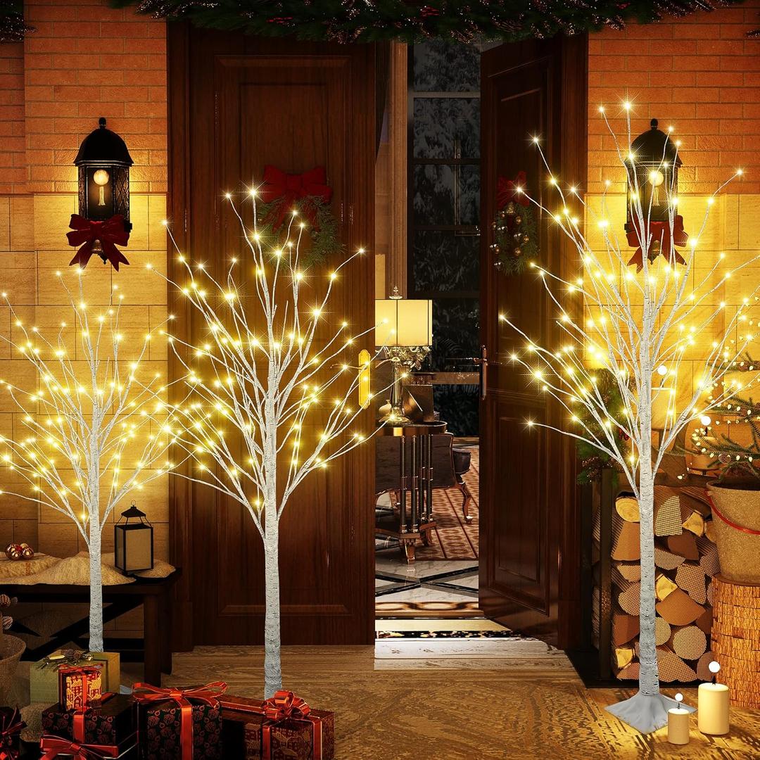 LINKROMAT Lighted Birch Trees, 4FT 5FT 6FT(48 56 96LED) Pre-lit Birch Tree with Warm White, Artificial Birch Tree Outdoor/Indoor Christmas Easter Tree for Wedding Party Christmas Decoration -3PC