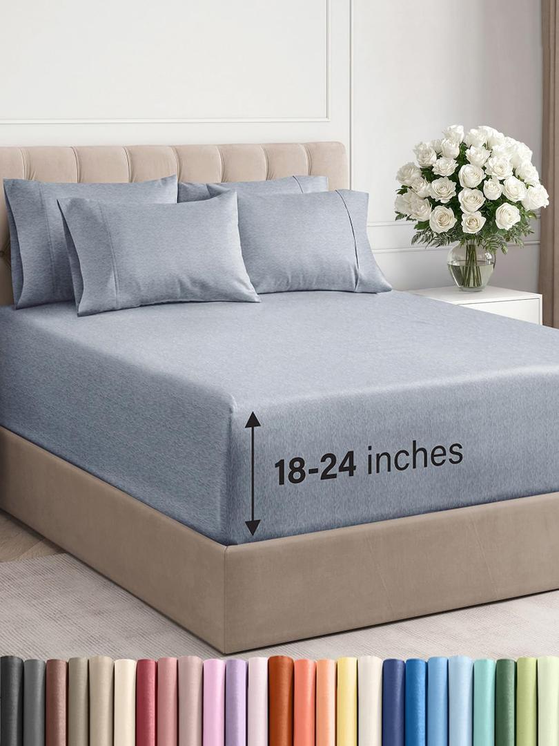 Extra Deep Queen Sheet Set - 6 Piece Breathable and Cooling Sheets - Hotel Luxury Bed Sheets Set - Easy Fit - Soft, Wrinkle Free and Comfy Sheets Set - Heathered Blue Sheet Set with Extra Deep Pockets