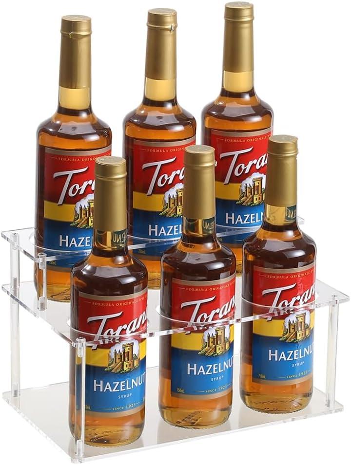 IEEK Coffee Syrup Rack,2 Tier Clear Acrylic Coffee Syrup Organizer with anti slip padfor Coffee Bar,Kitchen.Small Wine Rack for Bar,Family,Storage for Syrup,Wine,Dressing,6 Bottle Capacity
