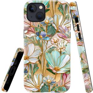 Case for iPhone 13,Lustrous 2-Layer Durable Case for Girl Women,Romantic Floral Aesthetic Stained Glass