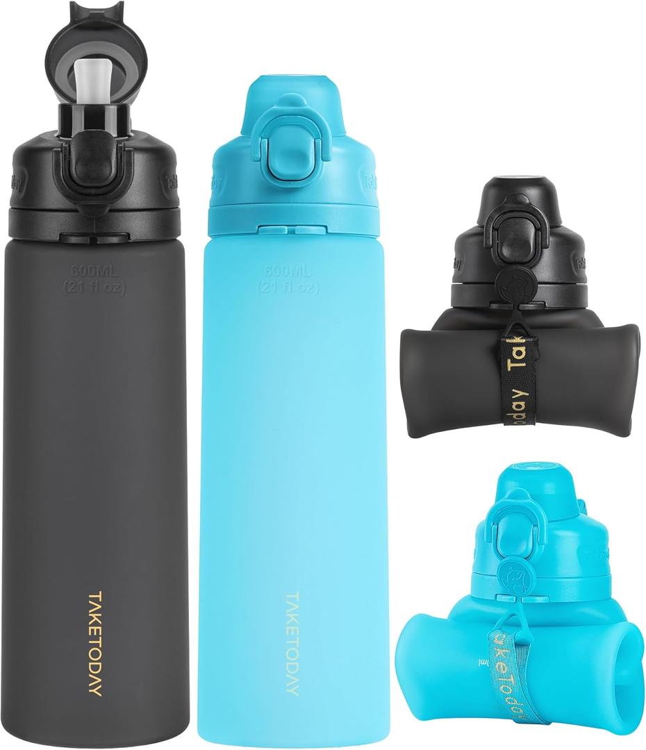 TakeToday Collapsible Water Bottles 20oz, Leak Proof, BPA-Free, Foldable Silicone Travel Water Bottle with Straw Strap for Cycling, Hiking, Outdoors (Black&Ocean)