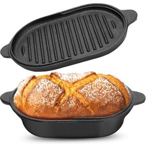 Cast Iron Bread Pan with Lid Pre-Seasoned Dutch Oven 5.7QT Non-Stick Bread Loaf Pan, Sourdough Artisan Baking Pots for Baking Roasting(2-In-1)
