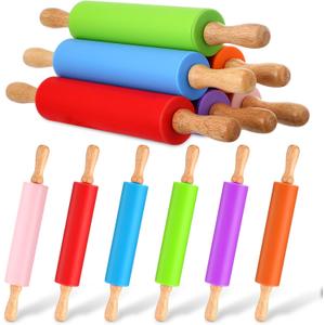 Dandat 6 Pcs Small Rolling Pin Kids 12 Inch Mini Silicone Rolling Pin for Baking Non Stick Kids Dough Roller with Wooden Handle for Kitchen Cookie Pastry Fondant Cake 6 Colors