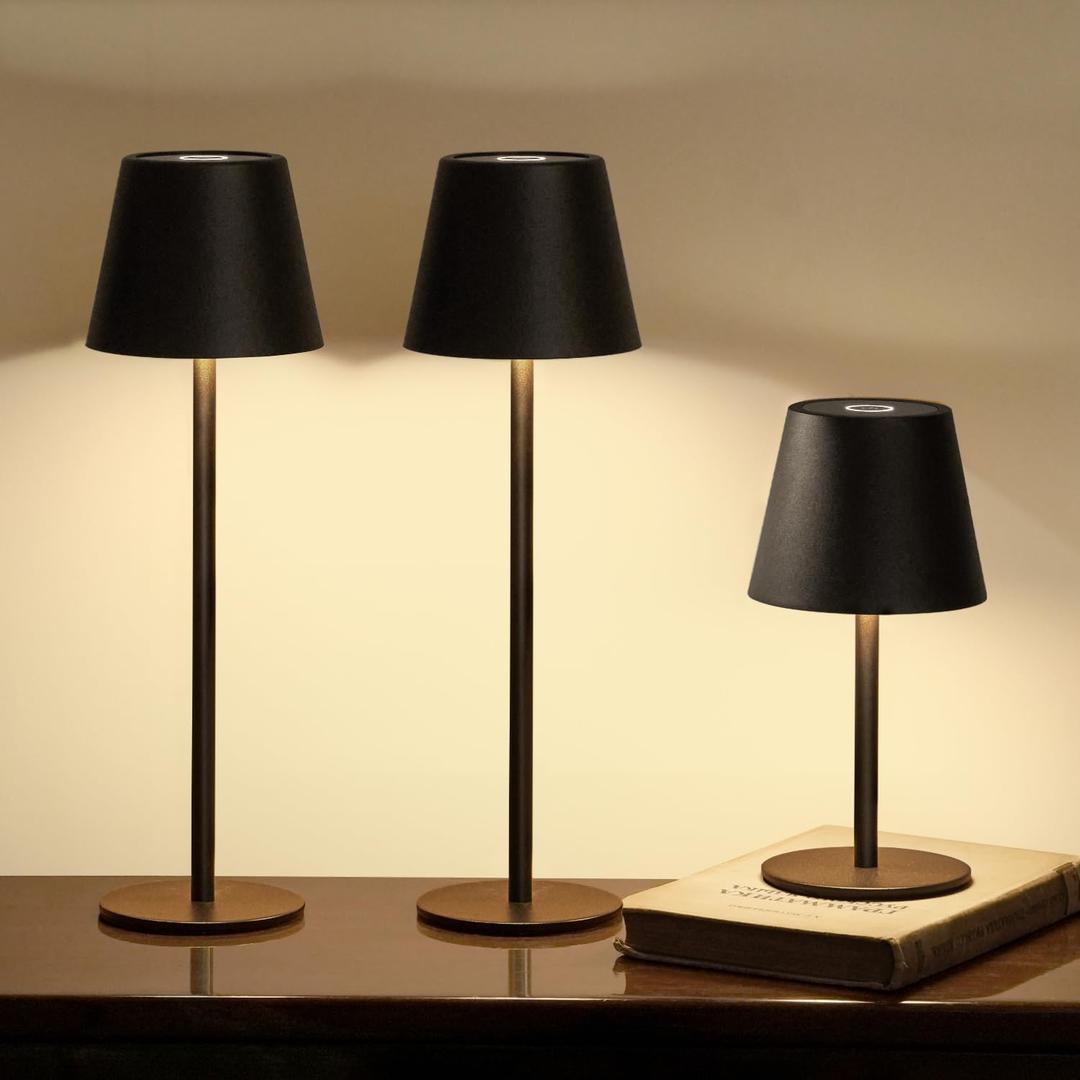 3 Pack Cordless Table Lamp, Portable Battery Operated Lamp with 3 Color Temps and Stepless Dimming, Rechargeable Table Lamp for Dinner, Desk, Cafe, Outdoor (Black)