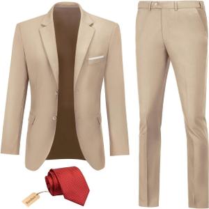 Men Suit 2 Piece Groomsmen Tuxedo Prom Blazer Slim Fit Suits Two Button Wedding Dress Jacket Pants Set with Tie (Beige, L)