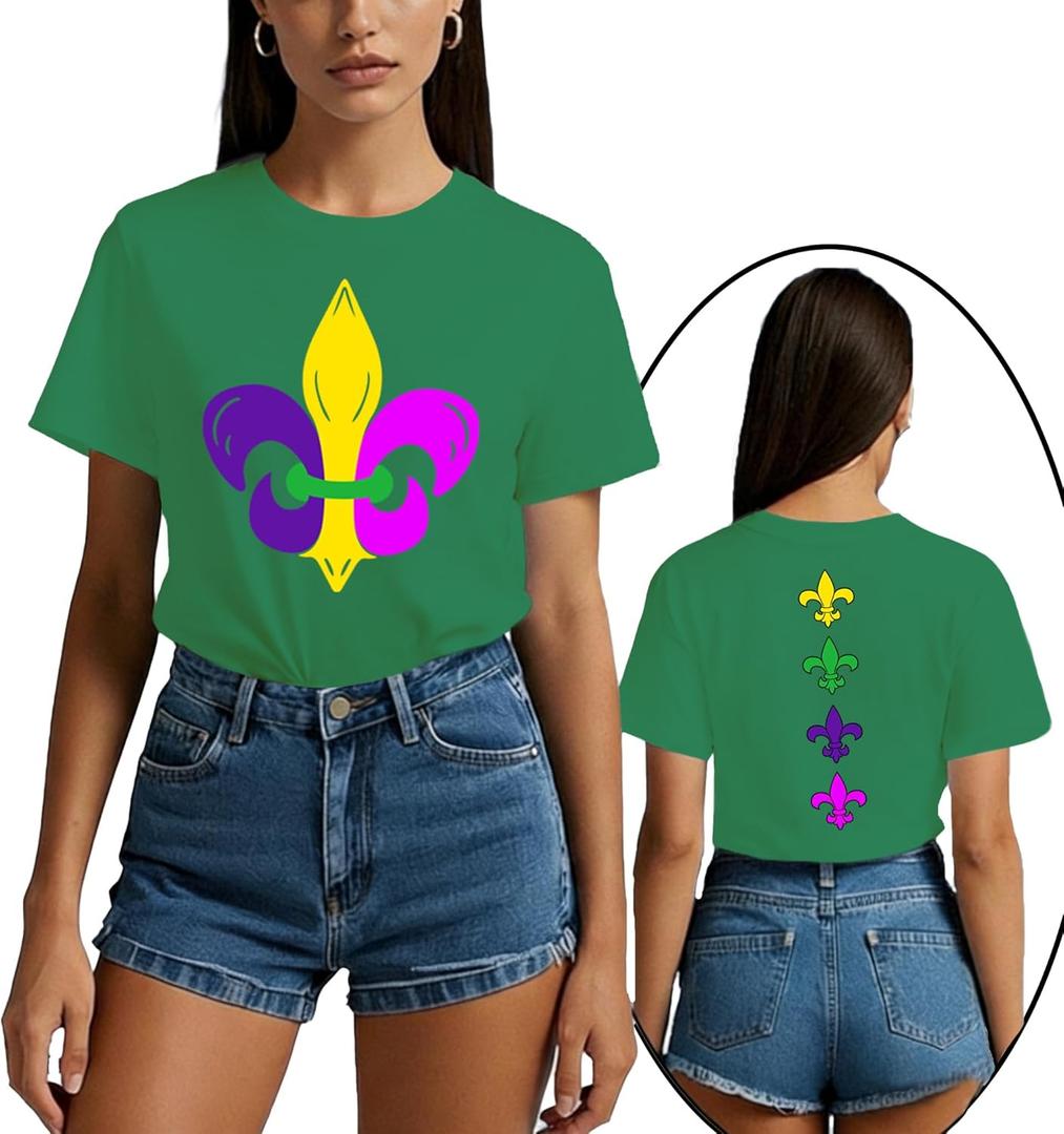 New Orleans Shirts for Women Fat Tuesday T-Shirt Holiday Party Tee Tops (Medium, Green)