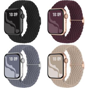 Braided Stretchy Solo Loop Compatible for Apple Watch Band 38mm 40mm 41mm 42mm 44mm 45mm 46mm 49mm for Women Men, Nylon Elastic Straps Wristbands for iWatch Series 11/10 9 8 7 6 5 4 3 SE/Ultra 3 2 1 (Milk Tea/Blue Gray/Dark Cherry/Black)