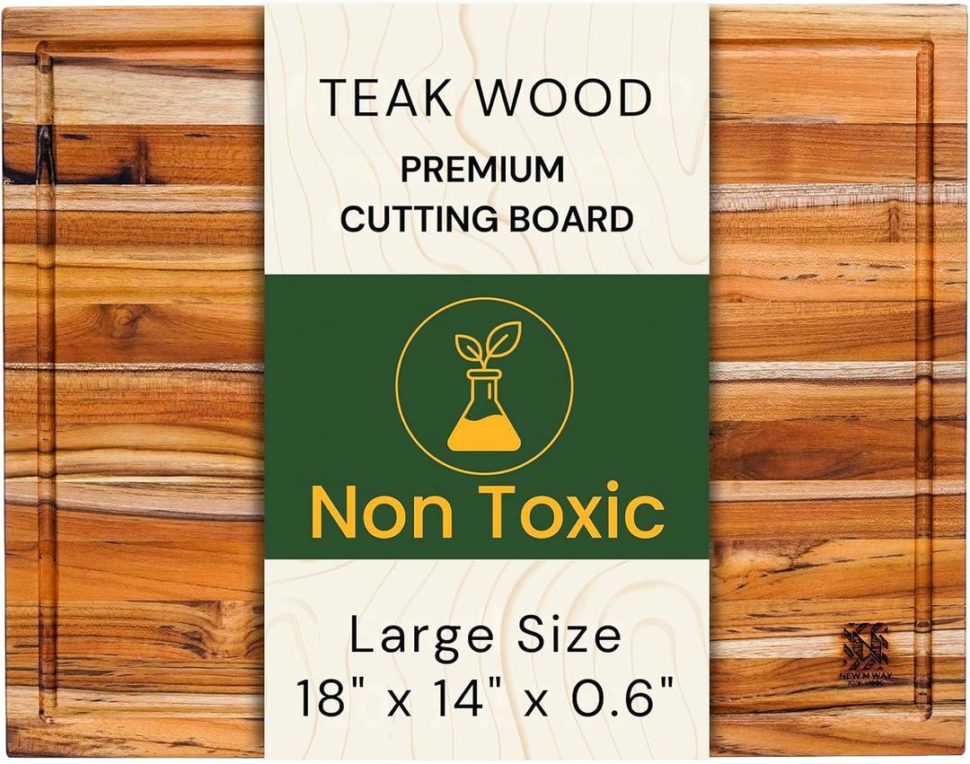 Premium Teak Wood Cutting Board 18" x 14" x 0.6" for Kitchen Meat, Fruit, Pizza Prep - Large Thin Edge Grain with Juice Groove, Solid Hardwood, Non-Toxic, BPA & Plastic Free by New M Way