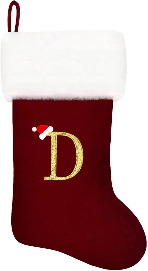 20 Inches Monogram Christmas Stockings Red Velvet with White Super Soft Plush Cuff Embroidered Stocking Classic Personalized Stocking Decoration for Family Holiday Season Decor(Letter D)