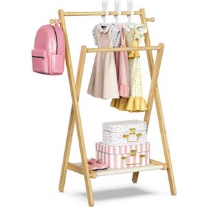 Kids Clothing Rack, Small Clothes Rack for Toddler Pets, Kids Dress Up Rack with Storage Shelf & Double Rods, Foldable Kids Clothes Rack for Nursery Child's Room (Small Size)