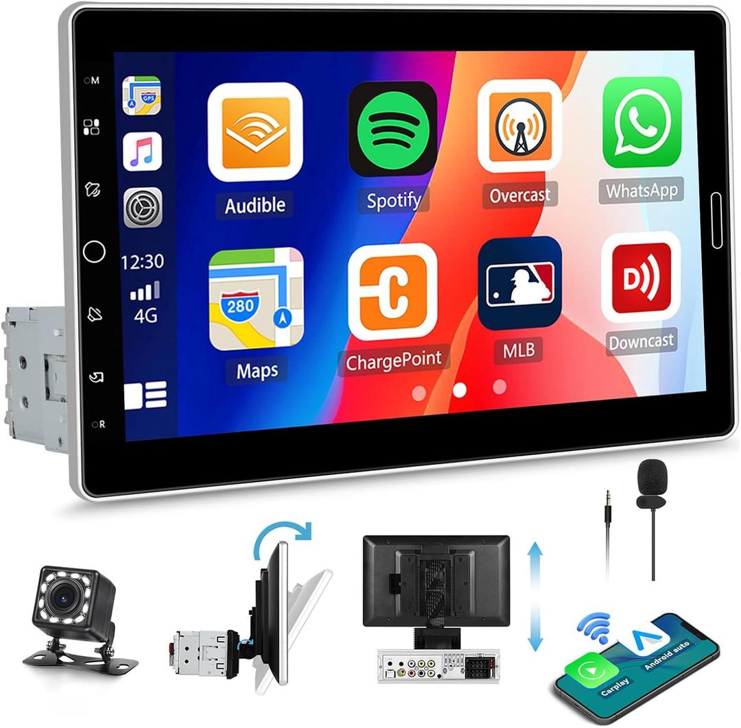 10.1Wireless Single Din Car Radio Stereo with Apple Carplay&Andriod Auto,IPS Touch Screen Radio with Bluetooth,Car Audio Receiver,Mirror Link,FM/AM/RDS/EQ,USB/AUX,SWC,Waterproof HD Backup Camera&Mic