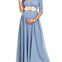 AISWI 3/4 Sleeve Maternity Dress Leaf Lace Contrast Chiffon V Neck Wrap A Line Flowy Pregnancy Dresses for Baby Shower, Light Blue, X-Large