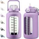84oz Glass Water Bottle with Straw, 2.5 Liter Large Water Bottle with Silicone Sleeve and OZ Marker, Wide Mouth Gallon Glass Bottle with 2-in-1 Lid, Leakproof Water Jug for Gym Home, Purple