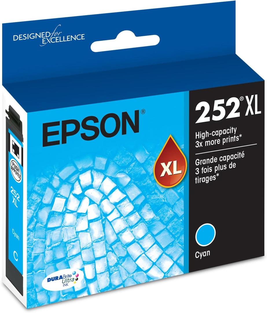EPSON 252 DURABrite Ultra Ink High Capacity Cyan Cartridge (T252XL220-S) Works with WorkForce WF-3620, 3640, 7110, 7610, 7620, 7710, 7720, 7210