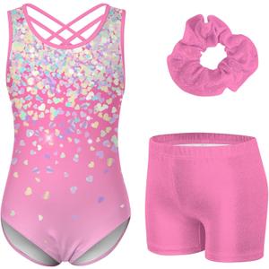 Idgreatim 5-10 Years Gymnastics Leotards for Girls Shiny tumbling outfits with Shorts Unitards Biketards (6-7 Years, Heart Sequin)