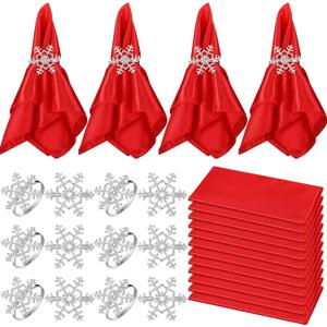 Nitial 24 Pcs Napkin and Rings Set 12 Pcs Golden Napkin Rings 12 Packs Washable Napkins Cloth for Table Decoration Wedding Birthday Party Events (Red, Hexagonal Snowflake)