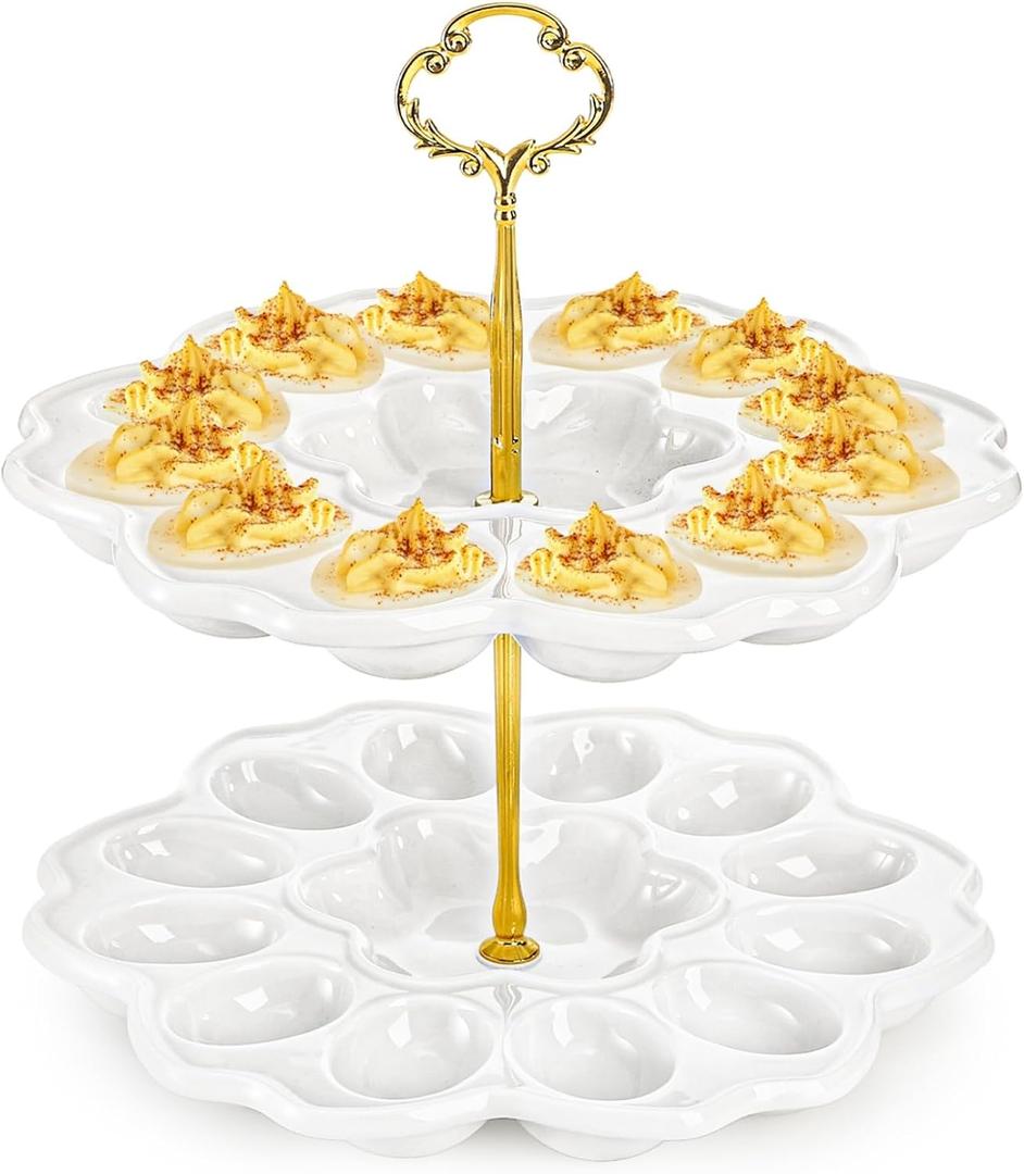 Peohud 2 Tier Deviled Egg Platter, 24 Holes Deviled Egg Tray Container, Detachable Ceramic Easter Egg Holder for Kitchen Countertop, Party, Microwave Dishwasher Freezer Safe