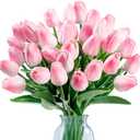 Sggvecsy 30 Pcs Fake Tulips Artificial Flowers Real Touch PU Faux Flowers Tulip Stems for Wedding Spring Bouquet Floral Arrangement Home Party Office Decorations for Mother's Day (Light Pink)